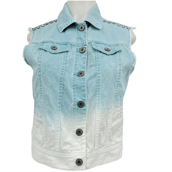 Bullhead Women’s Regular Fit Denim Vest Button Front Aqua White Size Large - Picture 1 of 11